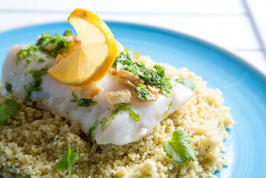 Cod And Couscous Sustainably Caught Baked Cod with Garlic, Coriander & Couscous