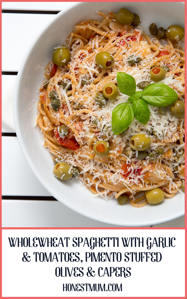 Wholewheat Spaghetti With Garlic And Tomatoes, Pimento Stuffed Olives and Capers