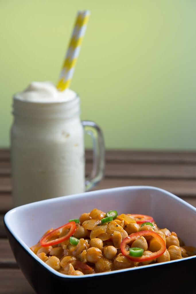 Vegan Tomato & Chickpea Curry With Brown Rice And Mango Lassi