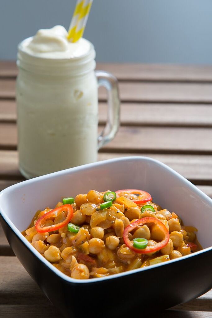 Vegan Tomato & Chickpea Curry With Brown Rice And Mango Lassi