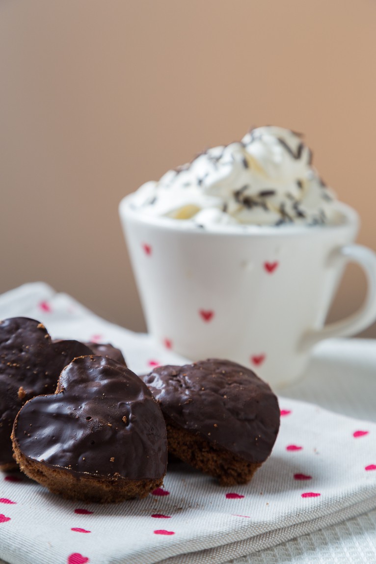 chocolate heart shaped biscuits with hot chocolate