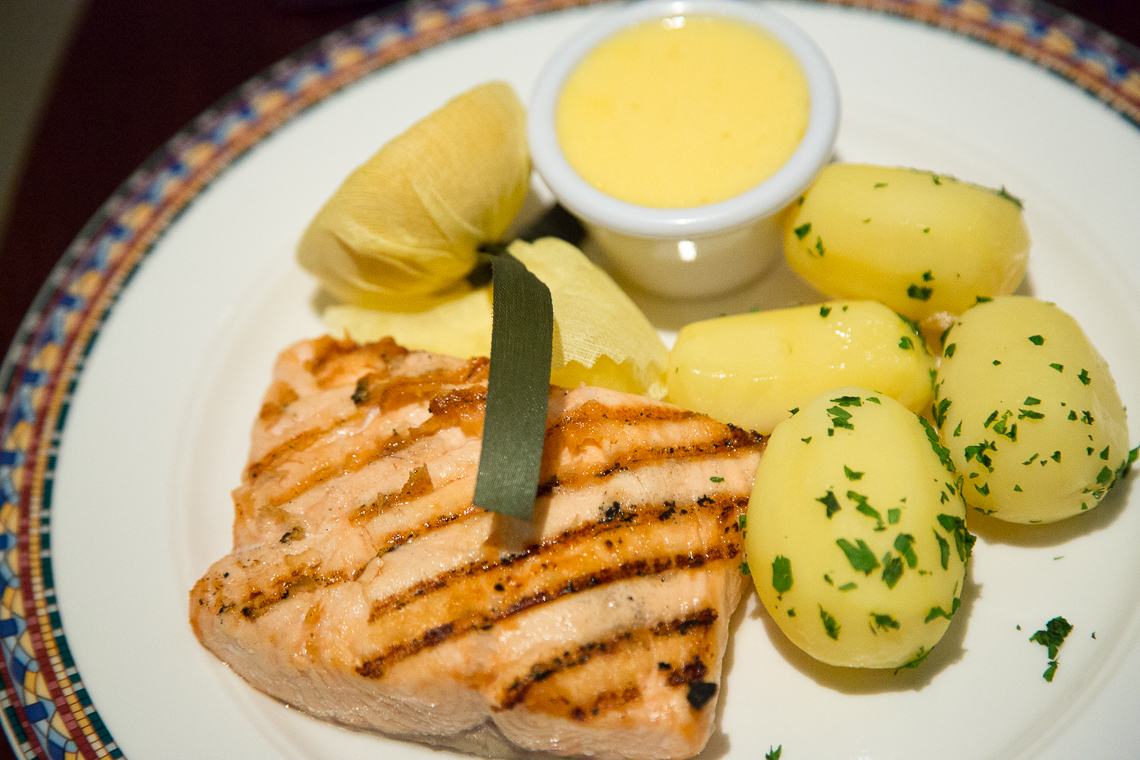 roasted salmon and new potatoes-room service at the Royal Garden Hotel