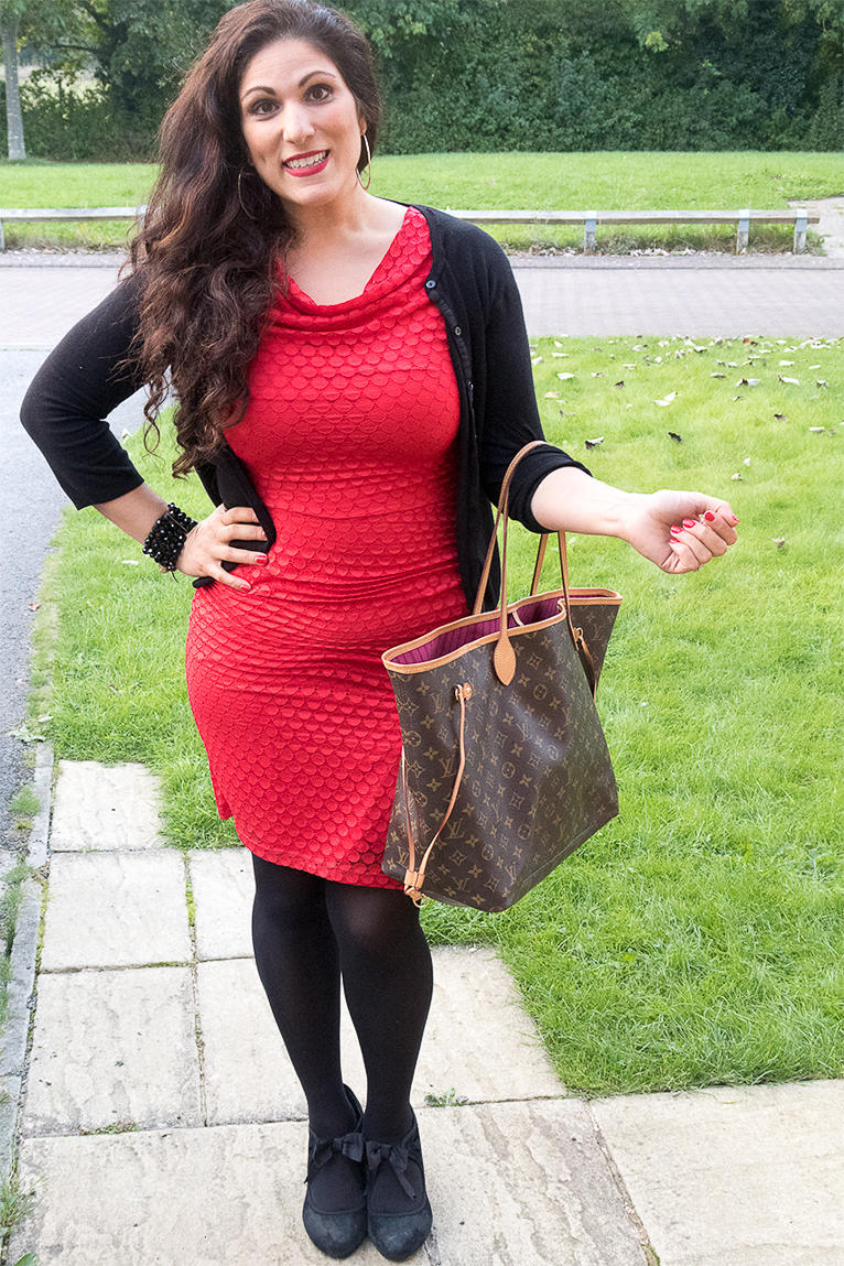 House of Fraser red dress and Louis Vuitton neverfull bag