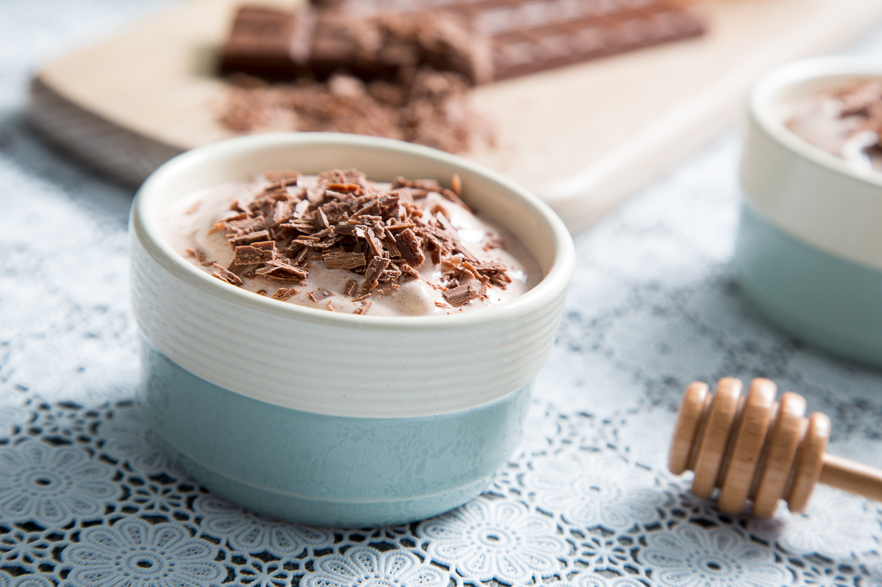 Greek yogurt with cocoa and chocolate shavings
