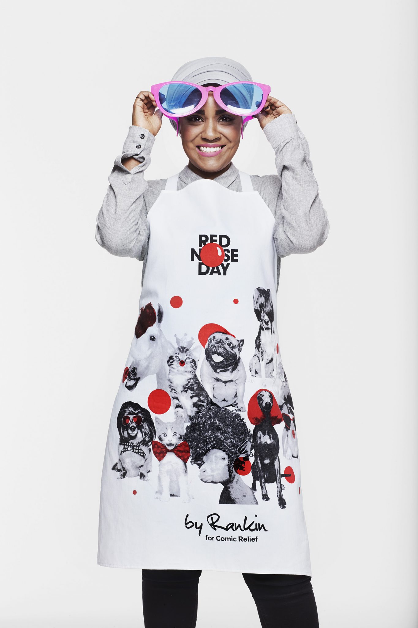 Comic Relief and Rankin charity apron at Home Sense modelled by Nadyia Hussein