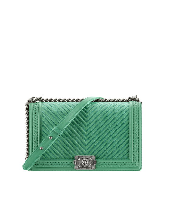 Large Boy Chanel Handbag in Braided Calfskin and Ruthenium Metal Green
