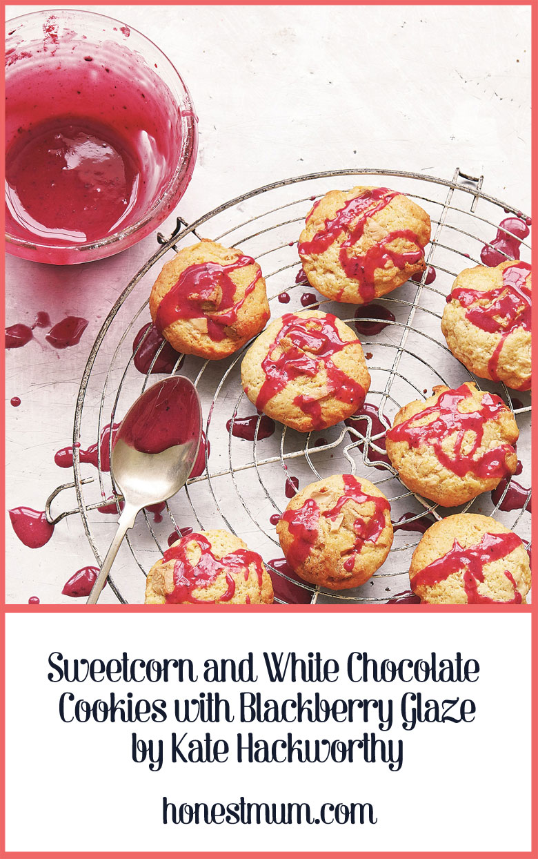 Sweetcorn and White Chocolate Cookies with Blackberry Glaze by Kate Hackworthy