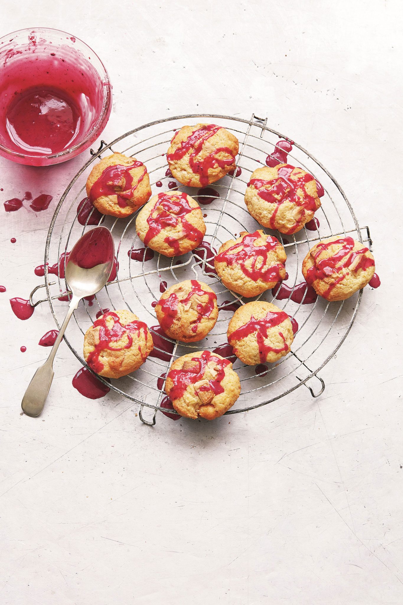Sweetcorn and white chocolate cookies with blackberry glaze