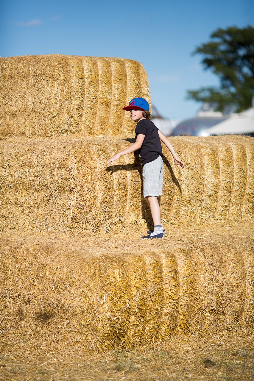 kids play on haystacks