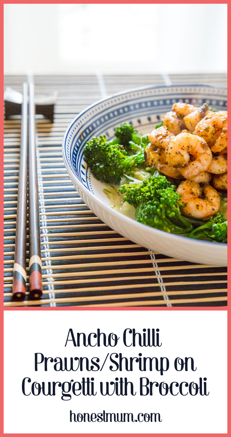  Ancho Chilli Prawns/Shrimp on Courgetti with Broccoli