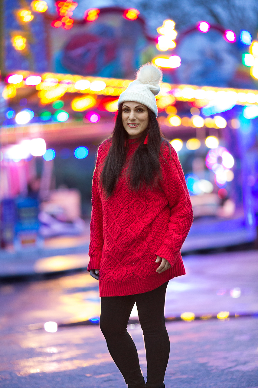 red cable knit jumper